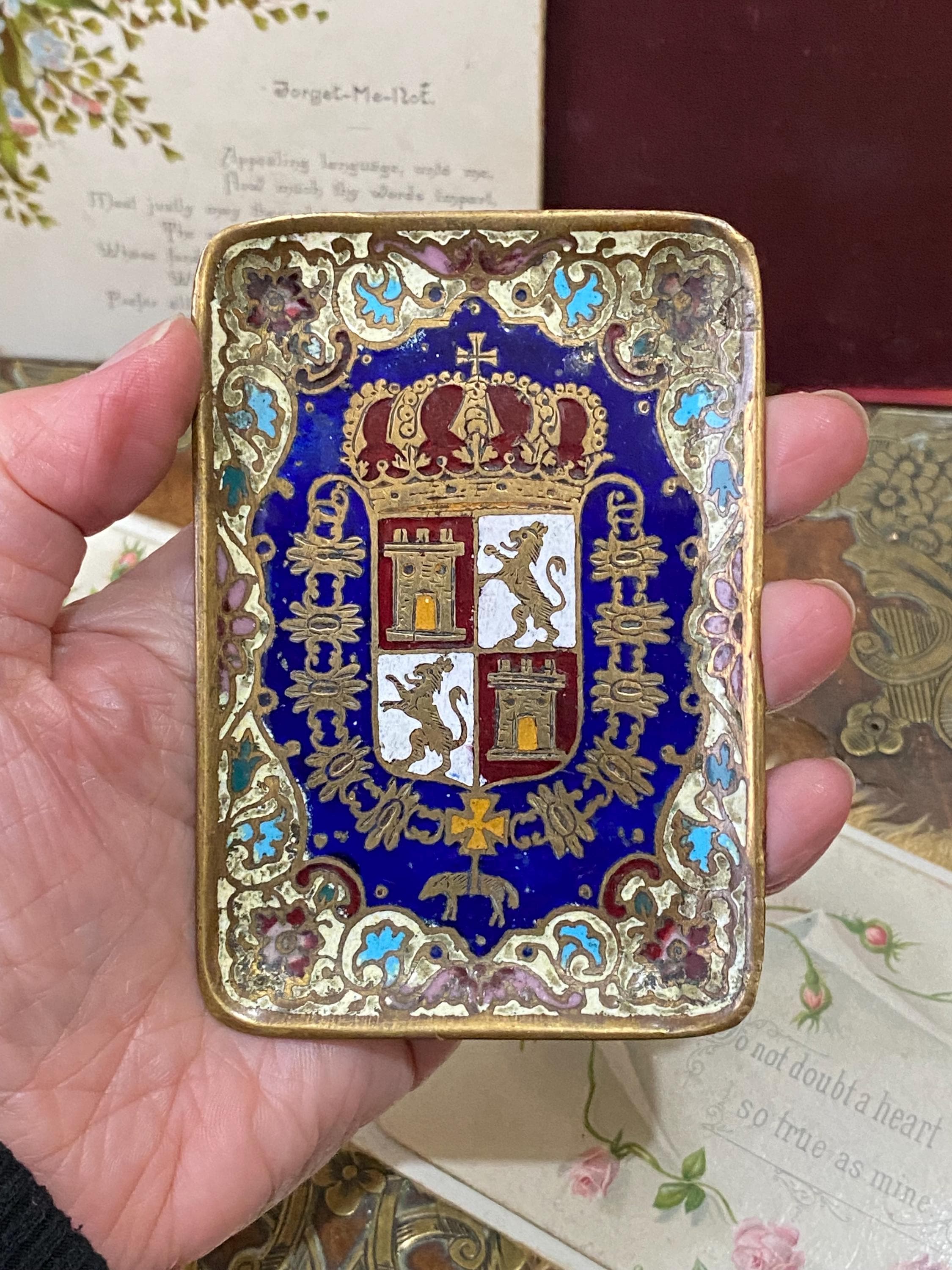 Antique brass and enamel Heraldic Castillo Leon Crest Shield, Coat of Arms, design ( D2 )