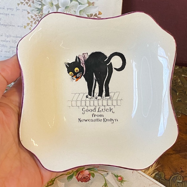 Antique /vintage art deco 1930’s smiling lucky black cat good luck crested China from Newcastle Emlyn trinket tray /ring dish ( E )