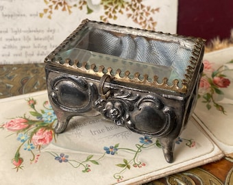 Unusual Antique French Victorian/Edwardian gothic roses & vines Miniature embossed Metal glass top Casket, Ring, Trinket, Jewellery Box (H)