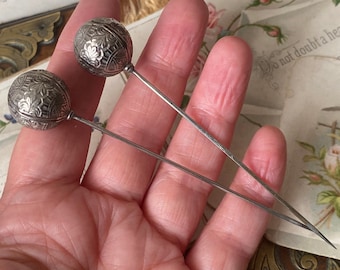 Unusual pair of antique Victorian /Edwardian Silver plated decorated orb stick pin /hat pins ( 2 )