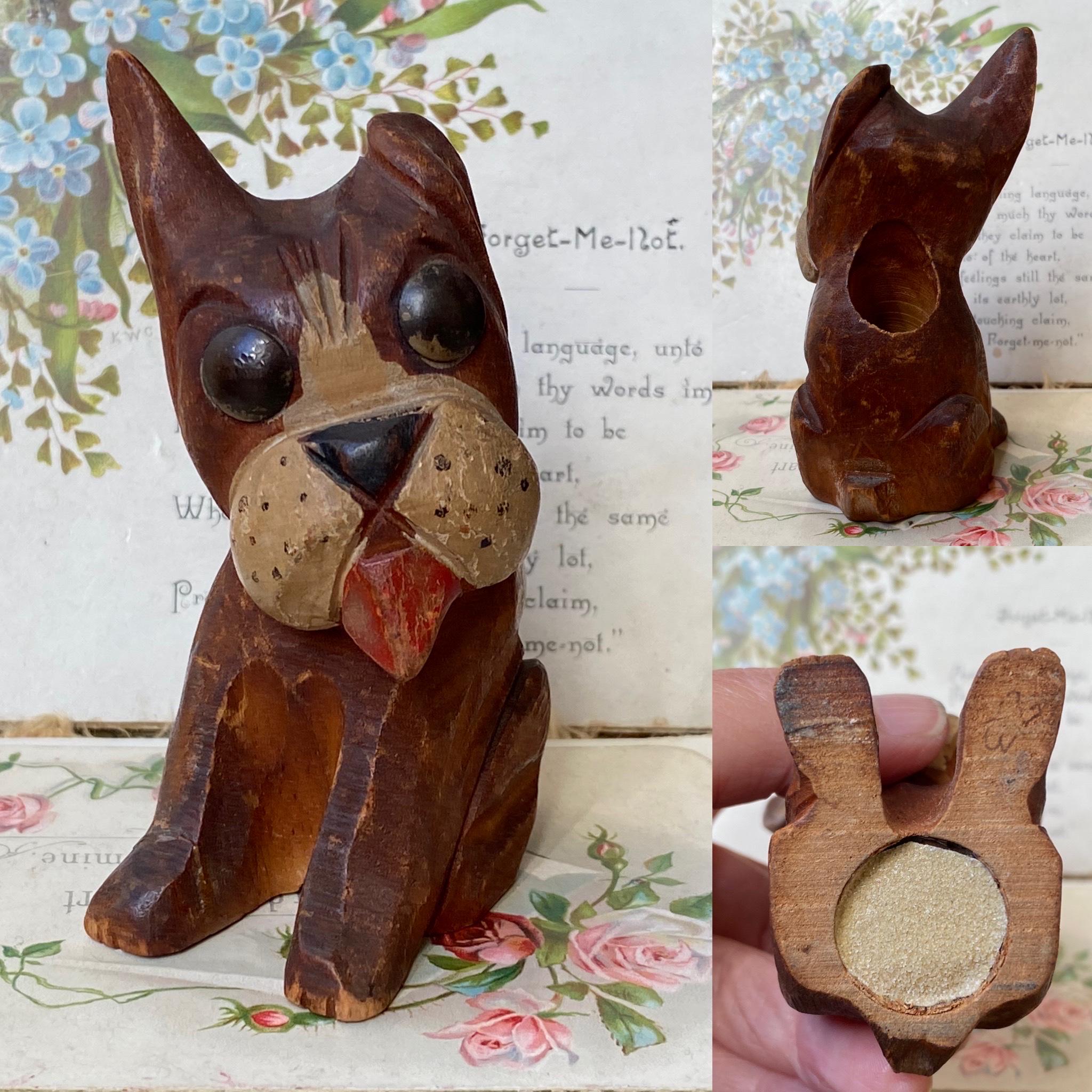 Unusual antique/ Vintage carved wood & hand painted dog table match holder /vesta ( 1 )