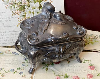 Unusual Antique French Victorian art nouveau high relief Lily flower  ‘shabby-chic’ cast Metal Casket, Ring, Trinket, Jewellery Box ( H )