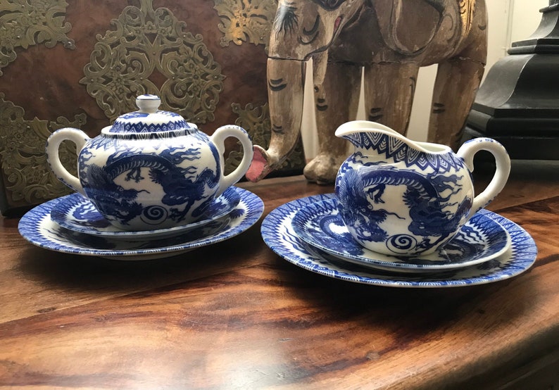 Beautiful Antique Japanese egg shell china blue and white dragon chasing flaming pearl design milk jug /& sugar use or cabinet