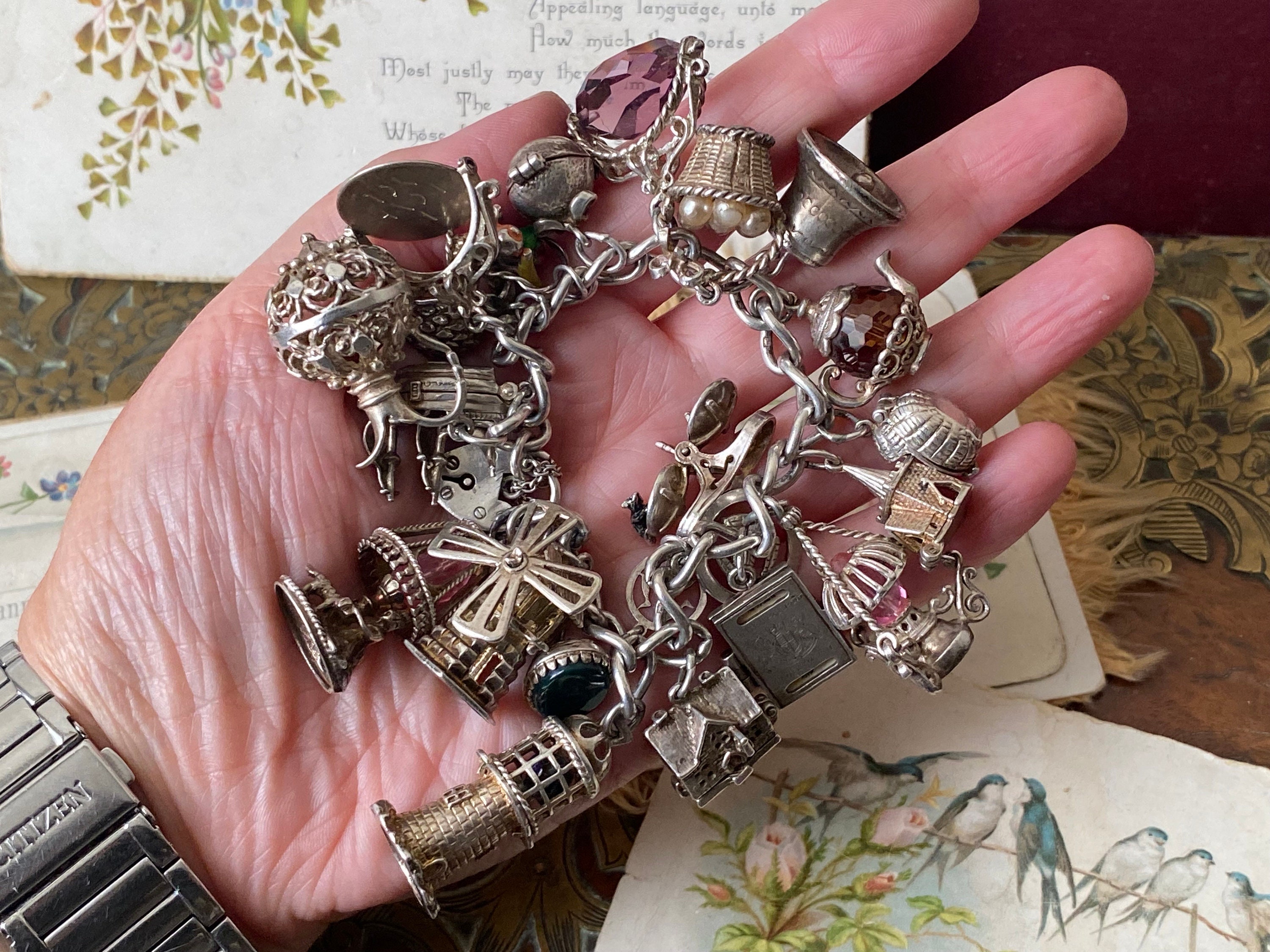 Sterling Silver Charm Bracelet with 12 Charms, Safety Clasp, Mid Century, 1960's Vintage, Fun to Wear, Instant History, Excellent Condition