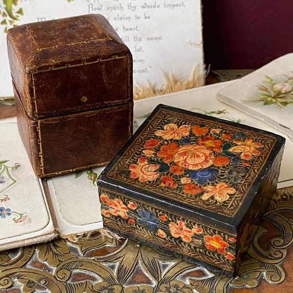 unusual antique /vintage Hungarian leather miniature match /vesta box ? & painted paper Mache stamp box (d2)