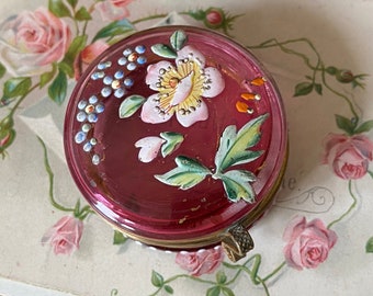 Mooie antieke Victoriaanse/Edwardiaanse miniatuur geëmailleerde cranberry glazen poppot, ringdoos/Snuisterijdoosje