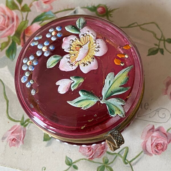 Beautiful Antique Victorian /Edwardian Miniature enamelled cranberry Glass pop pot , Ring box /Trinket Box ( 1 )