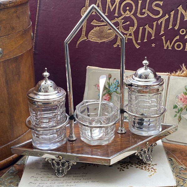 Unusual antique victorian/Edwardian silver plated glass & wood portable Condiments set ,mustard cruet /salt and pepper (B)