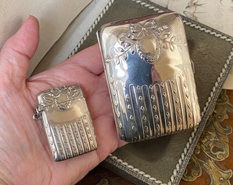 Stunning antique Edwardian Continental 935 silver boxed matching vesta case & cigarette case ( G )