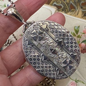 Fantastic antique Victorian English hallmarked sterling silver photo locket pendant necklace on 42” inch chain ( 4 )