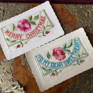 2 Fantastische unbenutzte antike Edwardian Seide bestickte Rose geheime Briefumschläge antike Postkarten/Grußkarten für besondere Notizen/Liebesbrief (1)