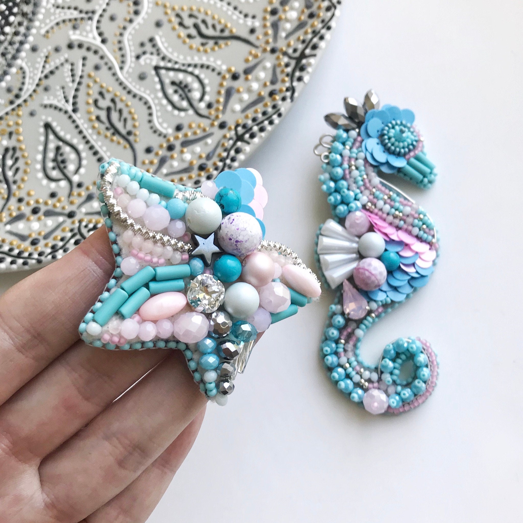 Large statement beaded brooches sea horse and star fish in | Etsy