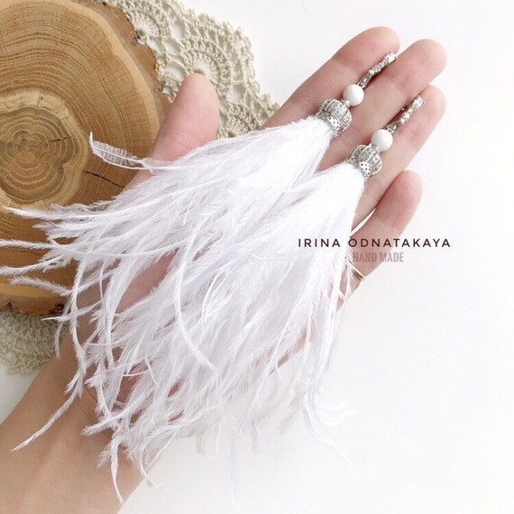 White bridal earrings with feather and crown Large drop wedding jewelry for bride or bridesmaidCrystal Bridal earrings