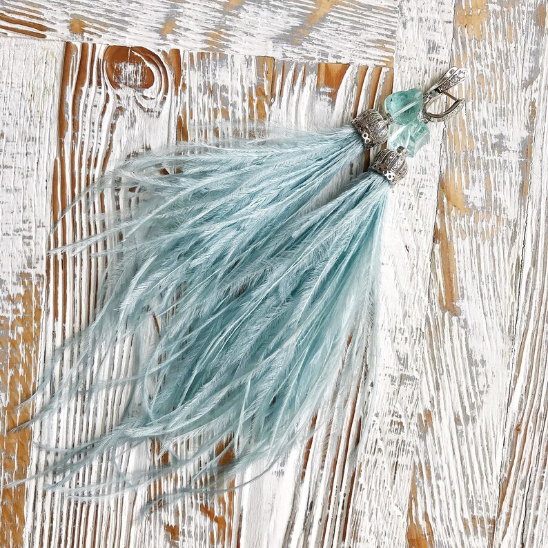 Light Blue Ostrich Feather Earrings With Druzy Aqua Quartz and Etsy