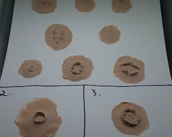 Op de afbeelding: Een wit vel papier met de woorden "Fun Greene FX" in het zwart bovenaan gedrukt. Het papier is verdeeld in drie secties, die elk met een nummer zijn gelabeld. Elke sectie bevat verschillende ronde, vleeskleurige, nep-wonden.