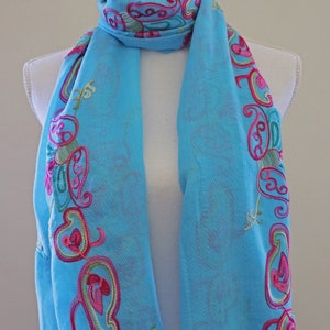 Sky Blue Floral Tassel Scarf, Summer Scarf, Spring Scarf, Fall Scarf, Winter Scarf, Fashion Scarf, Floral Scarf, Lightweight Scarf, Hijab