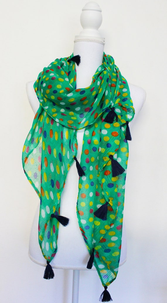 Green Polka Dot Tassel Scarf, Spring Scarf, Summer Scarf, Fashion