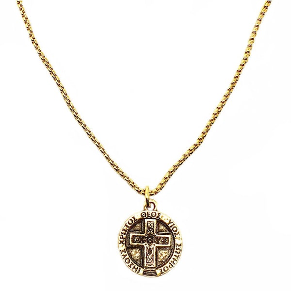 Greek Cross Necklace, Christian Cross IXOYE Coin, Silver, Gold Cross Pendant Charm, 20"- 24" Stainless Steel Chain, Made USA! Unisex Jewelry