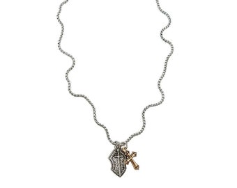 Two-Tone Shield of Faith & Cross Pendant Necklace, Stainless Steel Chain, Medieval Religious Jewelry - Made USA! Gold Silver Charm Necklace