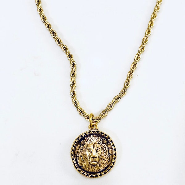 Lion Necklace, Leo Lion Head Pendant, Lion Coin Gold, Silver Necklace 24" Stainless Rope Chain, Christian Jewish, Made USA! Unisex Jewelry