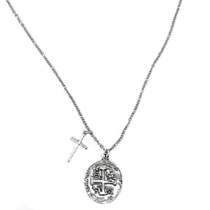 Silver Spanish Coin Necklace, Old Style Ancient Style Cross Charm, Unisex Christian Faith Pendant Stainless Steel Chain - Handmade Jewelry