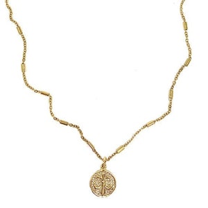 Colar de moeda Fleur-de-Lis, CZ dourado, corrente de elos de barra de latão 14K, corrente de aço inoxidável, colar Faith. Feito nos EUA! Feminino - Joias unissex