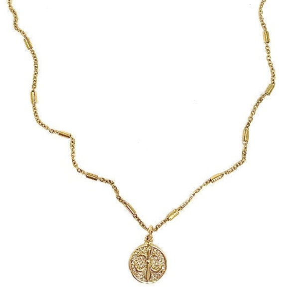 Fleur-de-Lis Coin Necklace, Gold CZ, 14K Brass Bar Link Chain, Stainless Steel Chain, Faith Necklace. Made in USA! Women - Unisex Jewelry