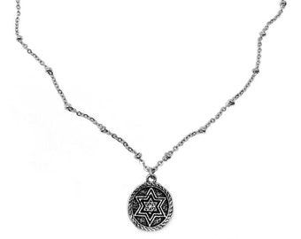 Collier étoile de David : pendentif Judaica en étain, chaîne en acier inoxydable, fabriqué aux États-Unis