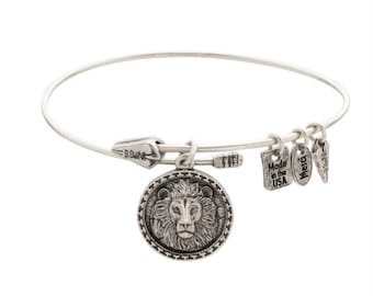 Lion Head Bracelet, Expandable Coin Charm Bracelet, Adjustable Christian Bangle, Silver - Rose Gold. Made USA Unisex Leo Lion Charm Bracelet