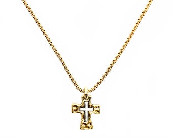 Two-Tone Cross Necklace: Sterling Silver & 14k Finish Gold Pendant, Stainless Steel Chain