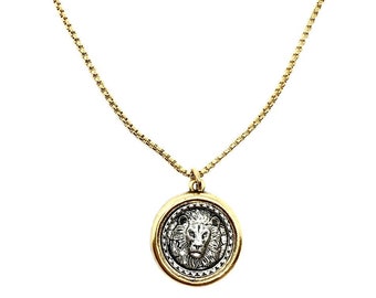 Lion Head Necklace, Coin Necklace Silver or Gold Coin Holder 20&quot; 24&quot; Stainless Steel Chain Faith, Made USA! Unisex Jewelry, Leo Lion Pendant