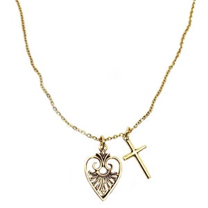 Heart Pendant Necklace, Victorian Heart & Cross Charm Gold or Silver Necklace, Religious Jewelry Gift for Her, mom. Christian Faith Pendant