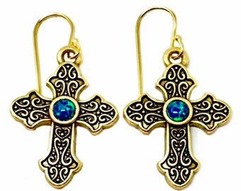 Opal Cross Dangle Earrings: 14K Gold or Sterling Silver Plated