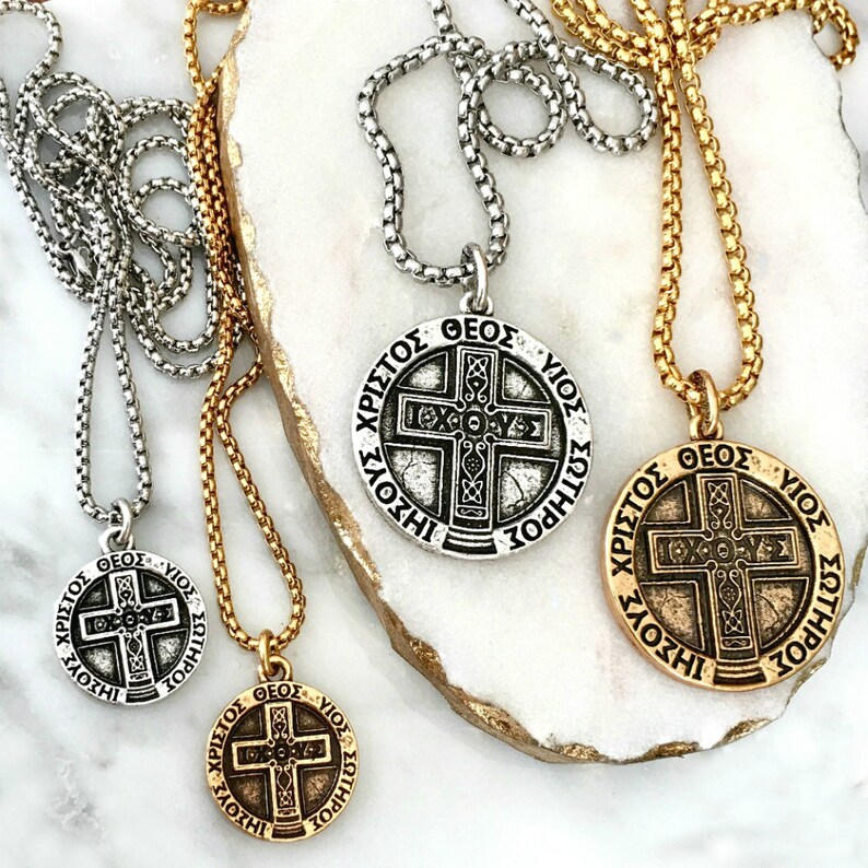 Greek Cross Necklace Christian Cross IXOYE Coin Silver Gold Etsy