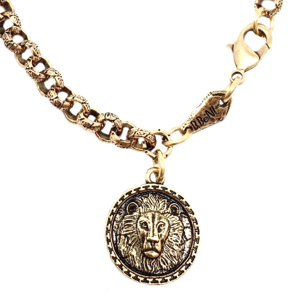 Lion Bracelet Gold Lion Head Coin Charm Antique Chain Unisex Etsy
