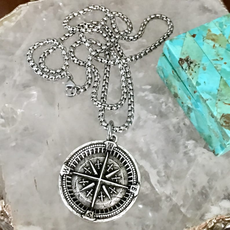 Compass Charm Necklace Silver or Gold Compass Coin Religious Etsy