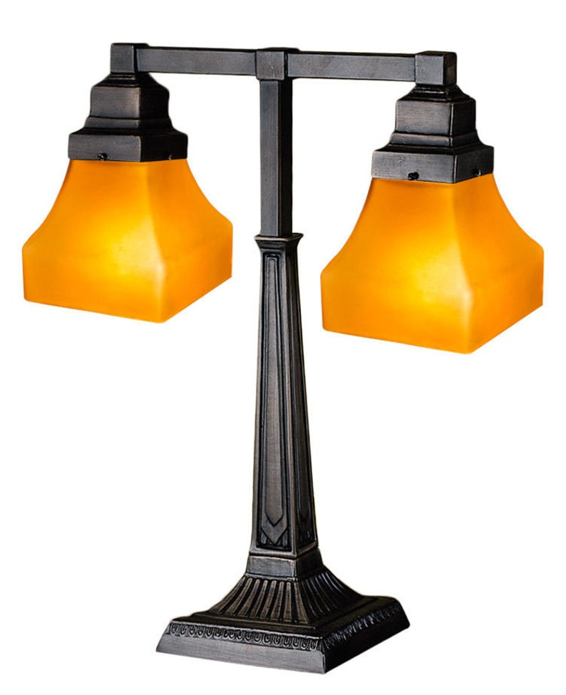 Arts And Crafts Bungalow Frosted Amber 2 Arm Desk Lamp
