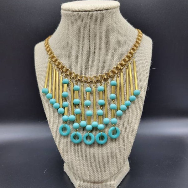 Vintage 1940s inspired haskell STYLE bib necklace assemblage.  Vintage blue glass beads, brass bookchain, and glass ring beads.  OOAK