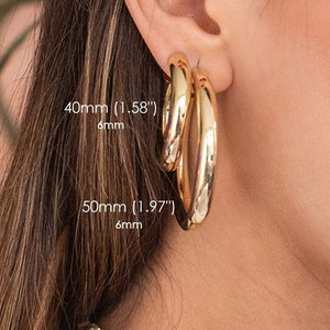 Solid 14K Yellow Gold 6MM Thick J Hoop Fashion Earrings for Women - Chunky Polished Hoops -32MM,35MM,40MM and 50MM Diameters (Sold as Pairs)