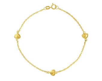 Solid 14K Yellow Gold Puffy Heart Station Trio Bracelet for Women - 7.25", 5.0MM Spring Ring, Gift, Wife, Mother,  Girlfriend, Anniversary