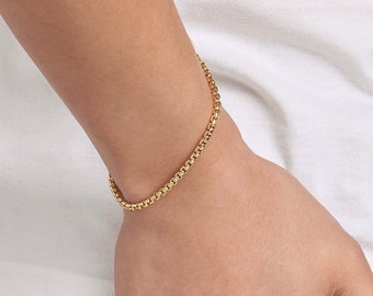 Solid Gold 3.3mm Thick Round Box Chain Bracelets - 8.5", Real 14K, Yellow, White, Lobster, Gift, Women, Mom, Wife, Anniversary, Mother's Day