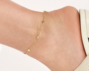 Solid Gold 1.04mm Thick Curb Chain with Fluted/Polished Hexagon Anklets - Adjustable 9" to 10", Real 14k, Yellow, Lobster, Gift, Women