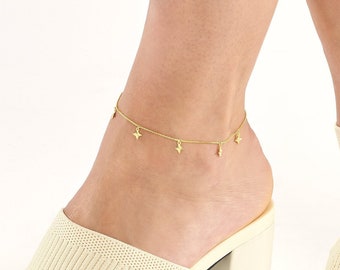 Solid Gold Fluted Star Dangle in 0.95mm Thick Cable Chain Anklets - Adjustable 9" to 10", Real 14K, Yellow, Lobster, Gift, Women, Girlfriend