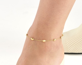 Solid Gold 1.05mm Thick Cable Chain with Satin and HP Coffee Beans Anklet - Adjustable 9" to 10", Real 14K, Yellow, Lobster, Gift, Women