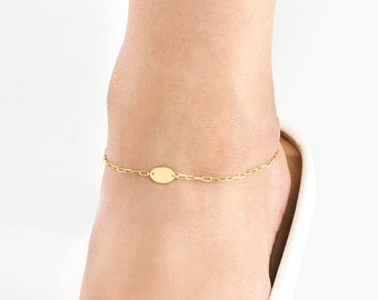 Solid Gold 1.95mm Thick Paper Clip Anklet with Plate - 10" Length, Real 14K, Yellow, Lobster Lock, Gift, Women, Wife, Mother, Mother's Day