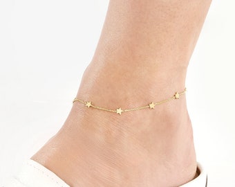 Solid Gold 0.95mm Thick Mini Star Station Anklets - Adjustable from 8" to 10", Real 14K, Yellow, Pear, Gift, Women, Wife, Mother, Birthday