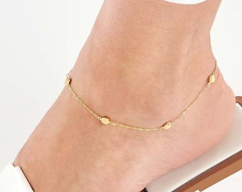 Solid Gold Hearts on 1.4mm Thick Piatto Chain Anklet - 10" Adjustable, Real 14K, Yellow, Spring, Gift, Women, Wife, Mother, Anniversary