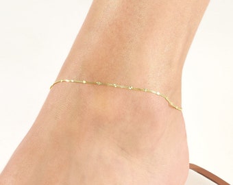 Solid Gold 0.95mm Thick Diamond Cut Station Curb Chain Adjustable Anklet - 10", Real 14K, Yellow, Pear, Gift, Women, Wife, Mom, Mother's Day