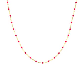 Solid 14K Yellow Gold Neon Pink Enamel Bead in 2MM Piatto Chain Necklace - 18" Adjustable, Spring Ring, Gift, Women, Wife, Best friend