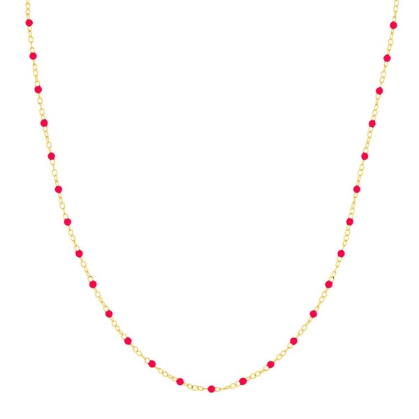 Solid 14K Yellow Gold Neon Pink Enamel Bead in 2MM Piatto Chain Necklace - 18" Adjustable, Spring Ring, Gift, Women, Wife, Best friend
